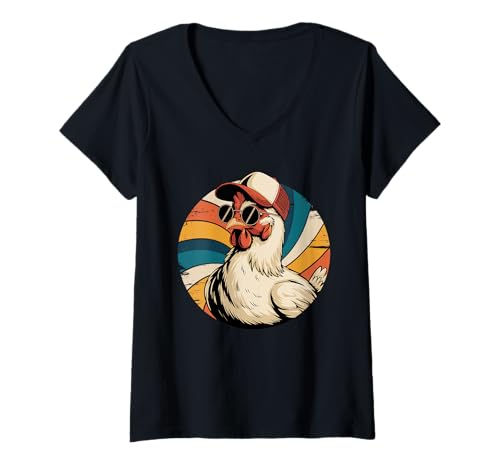 Damen Retro Wirbel Huhn Sonnenbrille Hühner T-Shirt mit V-Ausschnitt von Rooster Chicken Lover Gifts