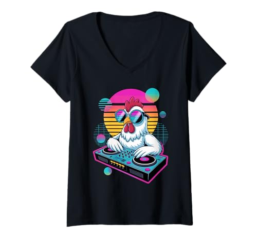 Damen Synthwave Huhn DJ Musik Kopfhörer Disc Jockey T-Shirt mit V-Ausschnitt von Rooster Chicken Lover Gifts