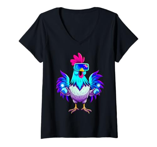 Damen Lustiges Huhn mit Sonnenbrille, Motiv: Farm Gamer Tag Hahn T-Shirt mit V-Ausschnitt von Rooster Gamer Chicken Farm Playing Tag Farmers