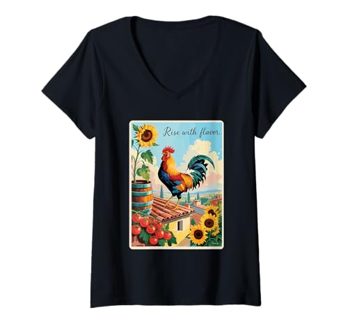 Damen Rooster Sunflower Tomaten Italien Rooftop Sunrise T-Shirt mit V-Ausschnitt von RoosterRise
