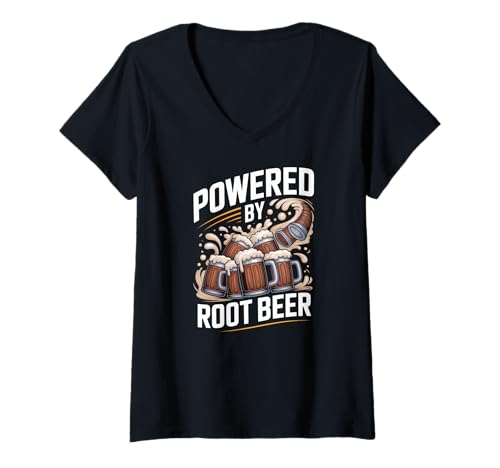 Damen Powered by Root Beer Lustige Grafik T-Shirt mit V-Ausschnitt Damen Powered by Root Beer Lustige Grafik T-Shirt mit V-Ausschnitt von Root Beer Enthusiast Beverage Humor