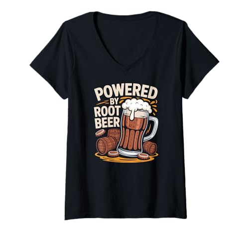 Damen Powered by Root Beer Barrel Tasse, lustig T-Shirt mit V-Ausschnitt Damen Powered by Root Beer Barrel Tasse, lustig T-Shirt mit V-Ausschnitt von Root Beer Enthusiast Brew Humor