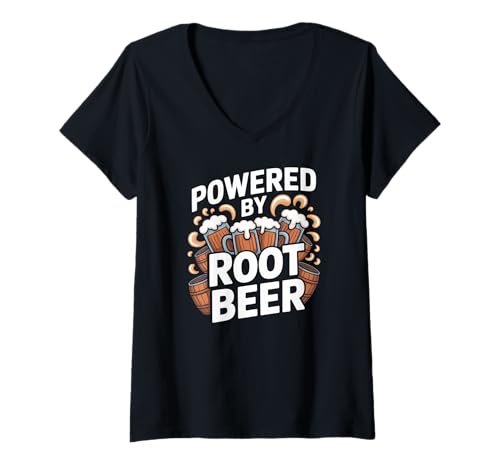 Damen Powered by Root Beer Bubble Fun Tassen T-Shirt mit V-Ausschnitt Damen Powered by Root Beer Bubble Fun Tassen T-Shirt mit V-Ausschnitt von Root Beer Enthusiasts Beverage Fans