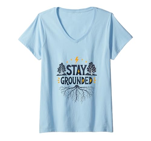 Damen Stay Grounded Lightning Tree Roots Motivierendes Design T-Shirt mit V-Ausschnitt Damen Stay Grounded Lightning Tree Roots Motivierendes Design T-Shirt mit V-Ausschnitt von Rooted Apparel