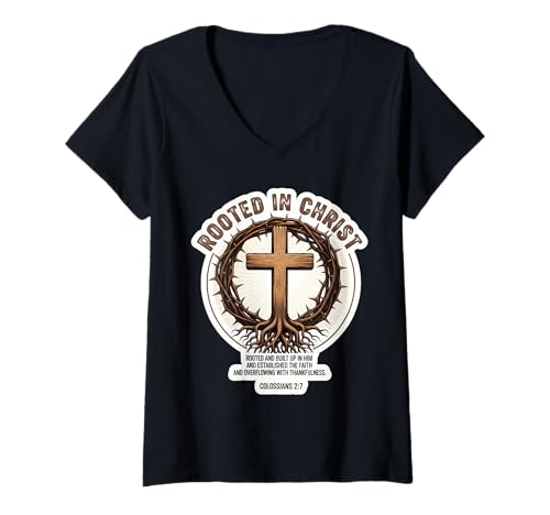 Damen Rooted In Christ Colosseans 2:7 Bibelvers Zitat Christian T-Shirt mit V-Ausschnitt Damen Rooted In Christ Colosseans 2:7 Bibelvers Zitat Christian T-Shirt mit V-Ausschnitt von Rooted In Christ Bible Verse Products