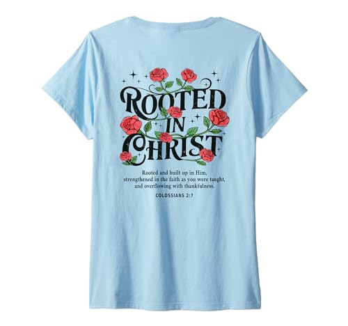 Damen Rooted In Christ Christian Floral Vintage Roses Bibelvers T-Shirt mit V-Ausschnitt Damen Rooted In Christ Christian Floral Vintage Roses Bibelvers T-Shirt mit V-Ausschnitt von Rooted In Christ Floral Christian Vintage