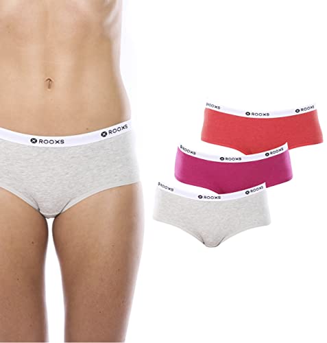 Rooxs Unterwäsche Damen Hipster 3X Unterhosen Damen Panty Baumwolle (DE/NL/SE/PL, Alphanumerisch, L, Regular, Regular, 3X Grau, Pink, Rot) von Rooxs