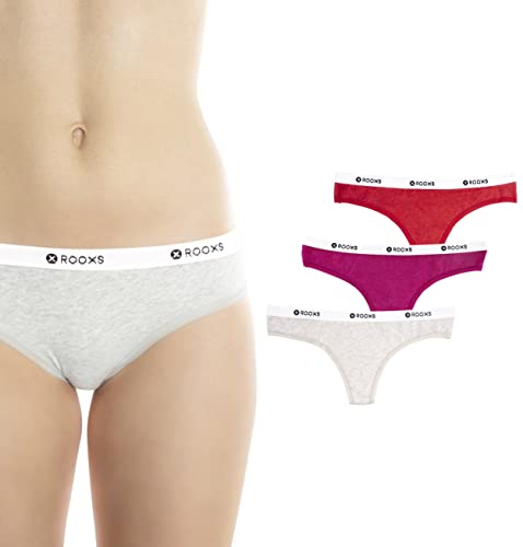Rooxs Damen String Tanga (3er Pack) Perfekte Passform, Frauen Unterhosen Slip aus 95% Baumwolle, Grau, Pink, Rot, L von Rooxs