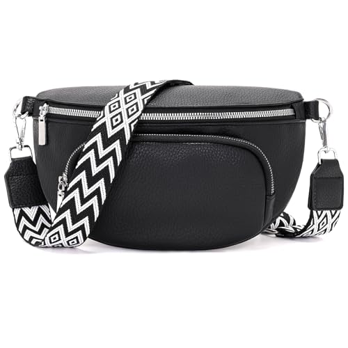 Rorimyth Bauchtasche Damen Schwarz Umhängetasche Damen Klein Veganes Leder Handtasche Crossbody Bag Gürteltasche Brusttasche Hüfttasche von Rorimyth