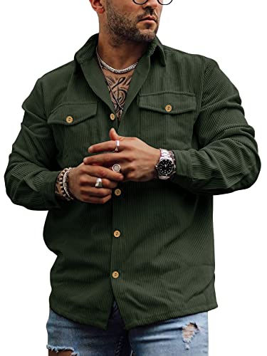 Herren Cordhemd mit Knopfleiste, langärmelig, Retro-Hemd, Oberbekleidung, lässig, gerippt, Arbeitsoberteile, mit Taschen, Grün (Army Green), L von Rorina