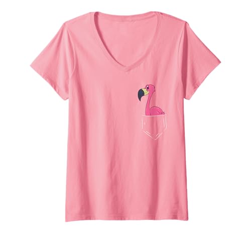 Damen Rosa Flamingo in der Tasche Flamingo in der Tasche T-Shirt mit V-Ausschnitt von Rosa Flamingo