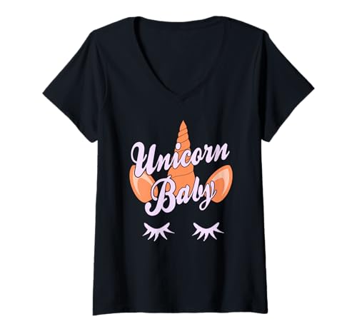 Damen Unicorn Baby Kawaii Magie Fantasie Pastellhorn Stil T-Shirt mit V-Ausschnitt Damen Unicorn Baby Kawaii Magie Fantasie Pastellhorn Stil T-Shirt mit V-Ausschnitt von Rosa Horn Wimpern Märchen Baby Trend Style