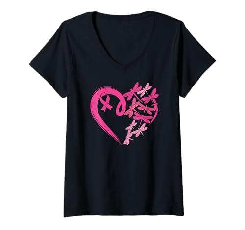 Damen Rosa Schleife Libelle Breast Cancer Awareness Support T-Shirt mit V-Ausschnitt Damen Rosa Schleife Libelle Breast Cancer Awareness Support T-Shirt mit V-Ausschnitt von Rosa Schleife Awareness Herz Geformte Libelle