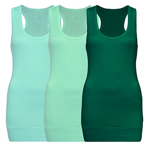3X Damen Racerback Racer Back Tanktop Beach Top Tank Tops Trägertop Tshirt T-Shirt - 3er Pack (Aqua + Mintgrün + Grün, S-M) von Rosa junio