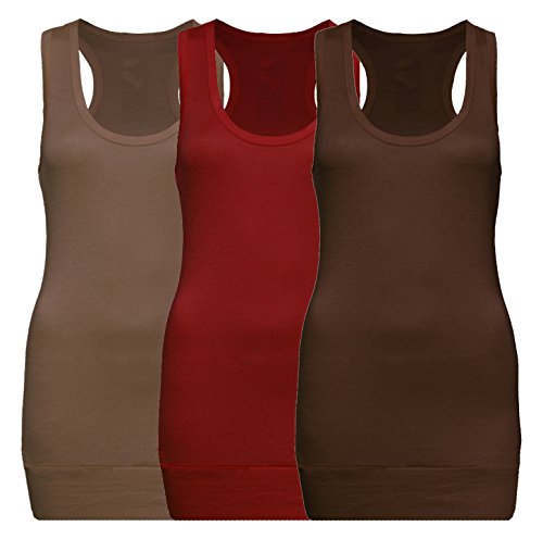 3X Damen Racerback Racer Back Tanktop Beach Top Tank Tops Trägertop Tshirt T-Shirt - 3er Pack (Braun + Weinrot + Kaffee, S-M) von Rosa junio