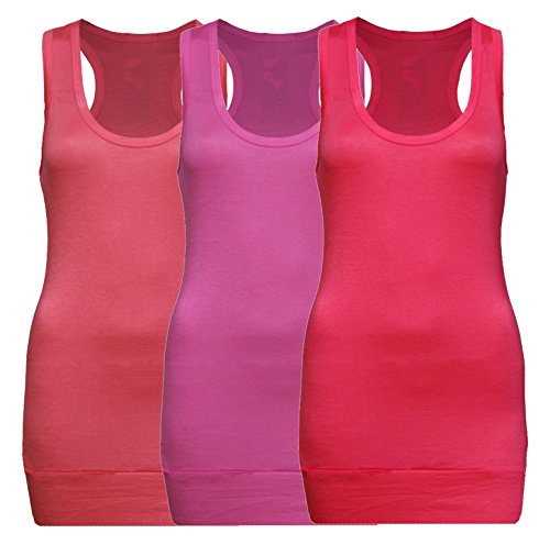 3X Damen Racerback Racer Back Tanktop Beach Top Tank Tops Trägertop Tshirt T-Shirt - 3er Pack (Fuchsia + Pink + Koralle, S-M) von Rosa junio
