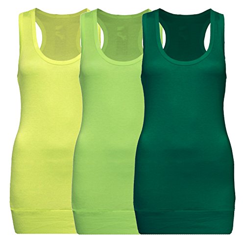 3X Damen Racerback Racer Back Tanktop Beach Top Tank Tops Trägertop Tshirt T-Shirt - 3er Pack (Grün + Apfelgrün + Gelb, S-M) von Rosa junio