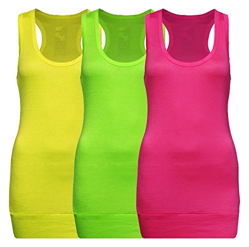 3X Damen Racerback Racer Back Tanktop Beach Top Tank Tops Trägertop Tshirt T-Shirt - 3er Pack (Neon Pink + Neon Grün + Neon Gelb, S-M) von Rosa junio
