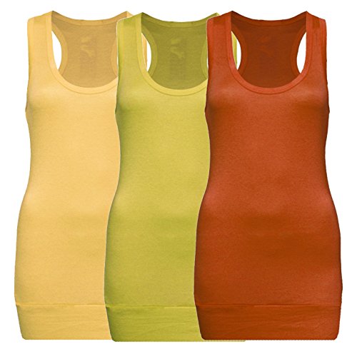 3X Damen Racerback Racer Back Tanktop Beach Top Tank Tops Trägertop Tshirt T-Shirt - 3er Pack (Rost + Gelb + Mango, S-M) von Rosa junio