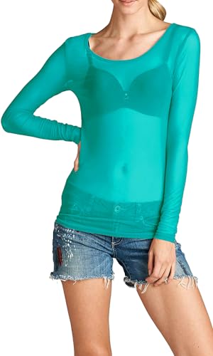 Damen Durchsichtig Transparent Tüll Mesh Oberteil Langarm Kurzarm Tank Top Rollkragen T-Shirt (DE/NL/SE/PL, Alphanumerisch, M, Regular, Regular, Türkis, Langarm) von Rosa junio