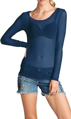 Rosa junio Damen Durchsichtig Transparent Tüll Mesh Oberteil Langarm Kurzarm Tank Top Rollkragen T-Shirt (DE/NL/SE/PL, Alphanumerisch, M, Regular, Regular, Dunkelblau, Langarm) von Rosa junio