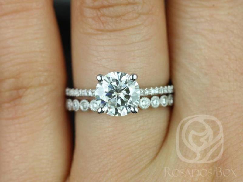 1.50Ct Eloise 7.5 Mm & Petite Bubbles 14Kt Moissanit Diamant Runde Braut Set, Art-Deco-Trauringe, Verlobungsring Set, Ehering von RosadosBox