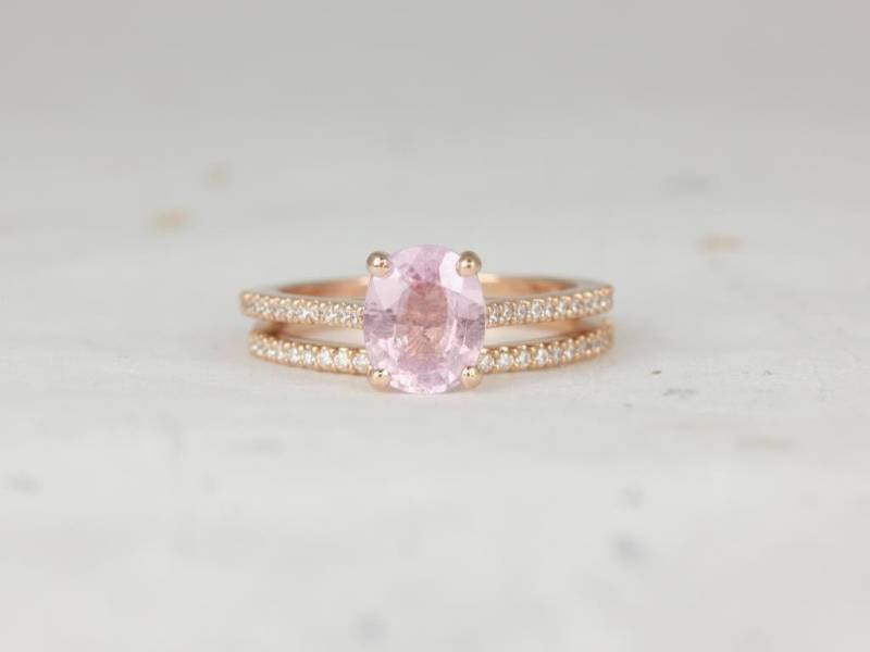 1.65Ct Versandfertig Blake 14Kt Rose Gold Oval Frosty Blush Champagner Saphir Diamant Zierliche Kathedrale Braut Set von RosadosBox