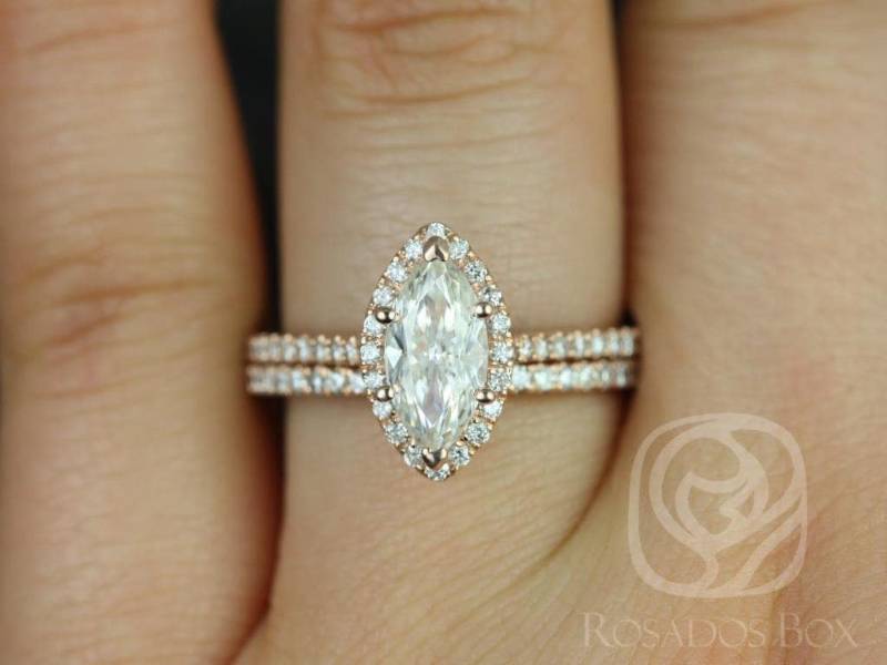 1Ct Sale Versandfertig Sasha 10 X 5 Mm 14Kt Weissgold Fb Moissanite Diamant Marquise Halo Braut Set, Marquise Verlobung Ring Set von RosadosBox