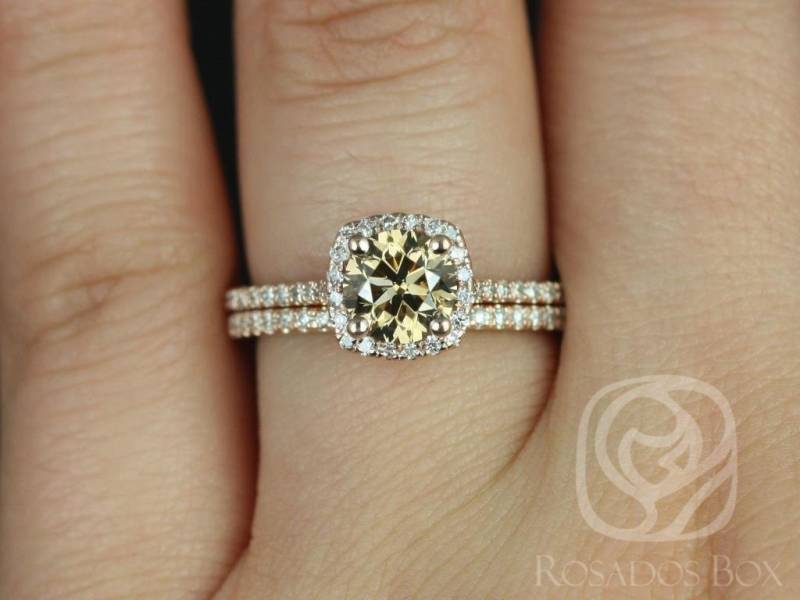 1Ct Versandfertig Samina 14Kt Rosegold Honig Champagner Cognac Diamant Zierliche Micropave Kissen Halo Braut Set von RosadosBox