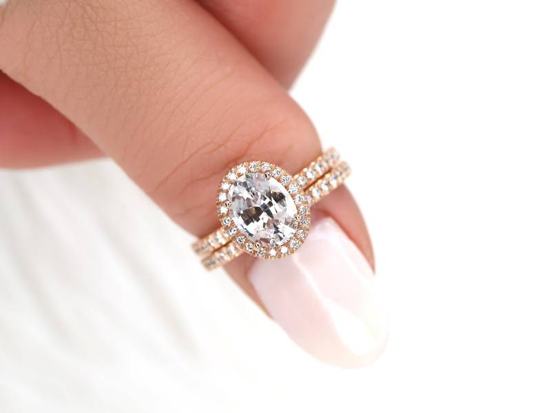 2.03Ct Versandfertig Chantelle 14Kt Rose Gold Pfirsich Saphir Diamant Oval Halo Braut Set, Ovaler Ring, Einzigartiger Jubiläum von RosadosBox