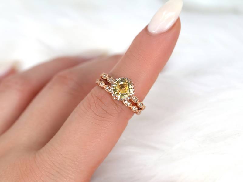 2.06Cts Bereit Zum Schiff Katya 14Kt Rose Gold Gelb Saphir Diamanten Drachen Set Kissen Halo Braut Set, Einzigartige Ring, September Birthstone von RosadosBox