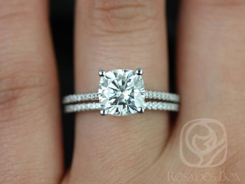 2.40Ct Marcelle 8 Mm 14Kt Weißgold Moissanit Diamant Zierliches Dünnes Kathedralen Kissen Brautset von RosadosBox