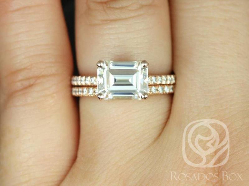 2.60Ct Becca 9 X 7 Mm 14Kt Gold Moissanite Diamant Ost West Smaragdschliff Mit Akzenten Braut Set, Solitärring Im von RosadosBox