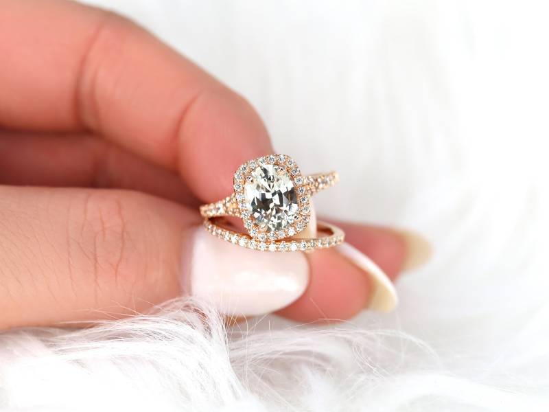 2.70Ct Versandfertig Aware 14Kt Rose Gold Champagner Saphir Diamanten Meerjungfrau Split Kissen Halo Braut Set, Zierlicher Halo-Ring, Einzigartiger von RosadosBox