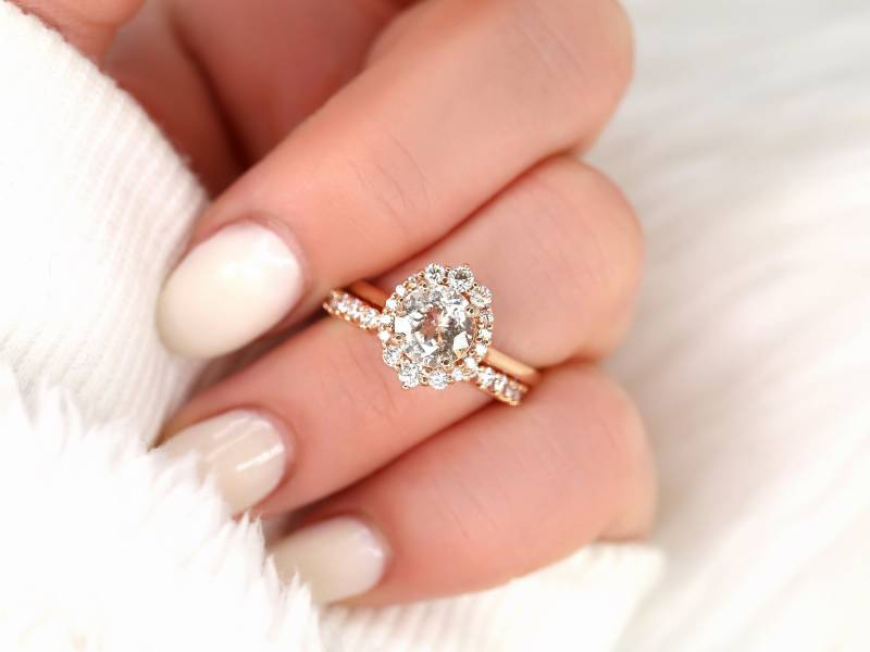 2Cts Versandfertig Eluma 14Kt Pfirsich Champagner Saphir Diamant Graduierten Halo Braut Set, Einzigartiger Ring, Schild Jubiläumsgeschenk von RosadosBox