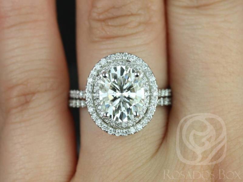3 Karat Cara 10 X 8 Mm 14Kt Moissanit Diamant Double Oval Halo Braut Set, Ehering, Verlobungsring Jubiläumsgeschenk von RosadosBox
