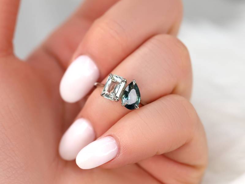 3.06Cts Gemini 14Kt Weißgold Ozean Teal Saphir Toi Et Moi Ring, Zwei-stein-Ring, September Birthstone Einzigartiger Cluster-Ring 3.06Cts Gemini 14Kt Weißgold Ozean Teal Saphir Toi Et Moi Ring, Zwei-stein-Ring, September Birthstone Einzigartiger Cluster-Ring von RosadosBox