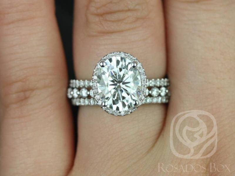 3Ct Federella 10 X 8 Mm & Petite Naomi 14Kt Moissanite Diamant Trio Oval Halo Braut Set, Verlobungsring Ehering Jubiläum von RosadosBox