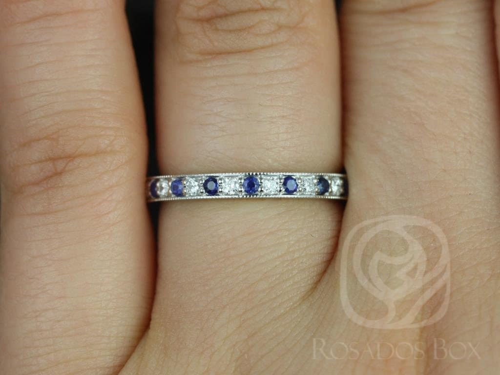 Anmut 14Kt Gold Milgrain Blauer Saphir Diamant Halfway Eternity Ring, Jubiläumsgeschenk, Push Geschenk, September Geburtsstein, Ring von RosadosBox