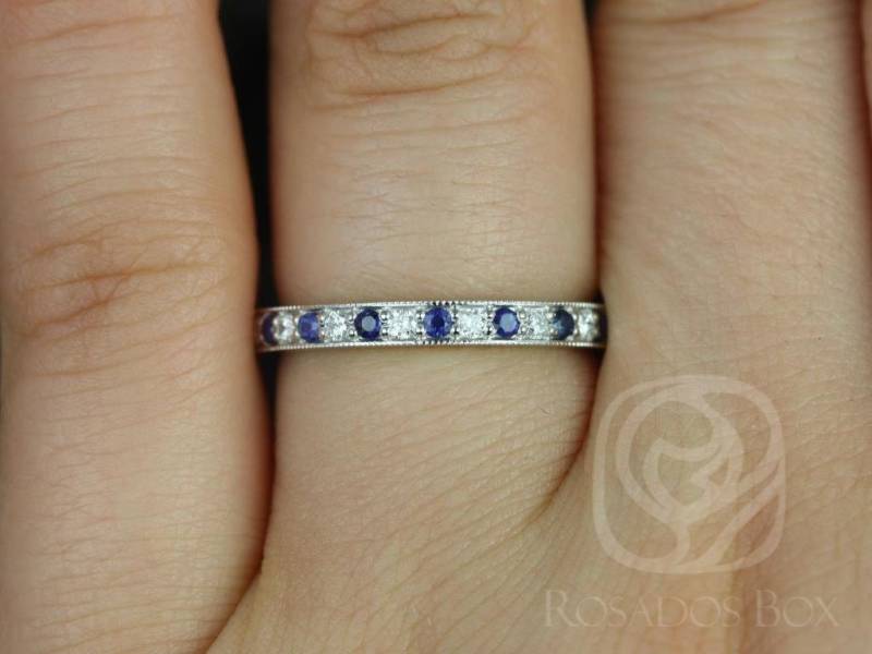 Anmut 14Kt Gold Milgrain Blauer Saphir Diamant Halfway Eternity Ring, Jubiläumsgeschenk, Push Geschenk, September Geburtsstein, Ring von RosadosBox