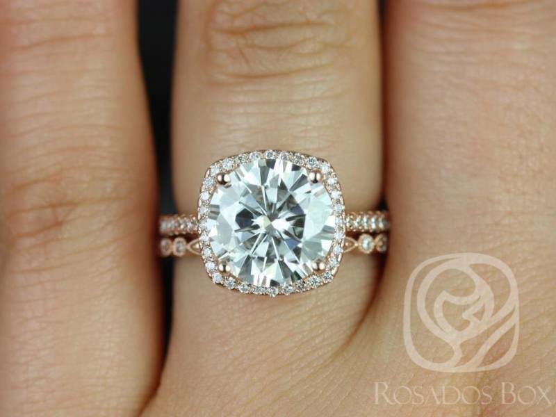 Barra 10 Mm & Gwen 14Kt Moissanite Diamant Dünne Kissen Halo Braut Set von RosadosBox