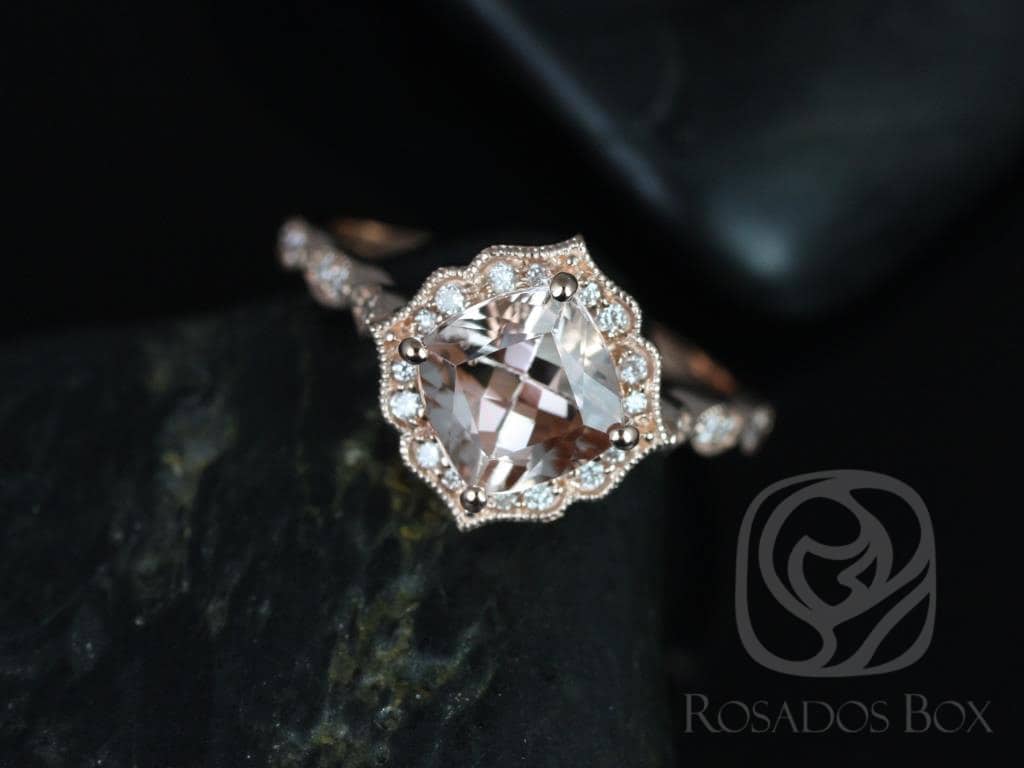 Bereit Zum Versand Lucille 7 Mm 14Kt White Gold Morganit Diamant Mit Milgrain Drachen Verlobungsring, Einzigartiger Halo Ring, Ring von RosadosBox