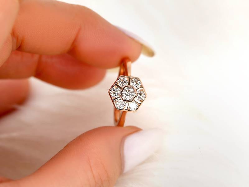 Mosaic Grande Ohne Milgrain 14Kt Einzigartiger Diamant-Sechskant-Ring, Hexagon-Cluster-Ring, Einzigartiger Diamantring, Geschenk Zum Geburtstag von RosadosBox