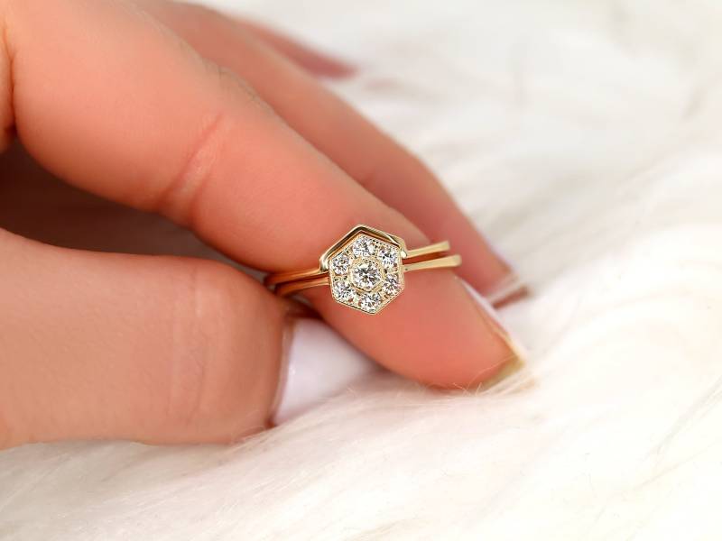 Mosaik 14Kt Gold Mit Milgrain Hexagon Diamant Cluster Braut Set, Zierliche Einzigartige Art-Deco-Trauringe, Ring von RosadosBox