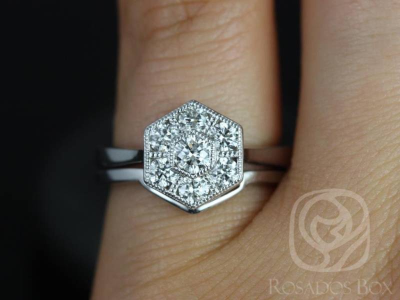 Mosaik Medio 14Kt Mit Milgrain Diamant Hexagon Cluster Ring Braut Set, Art Deco Ehering, Solitär, Jubiläumsgeschenk, Einzigartiger von RosadosBox
