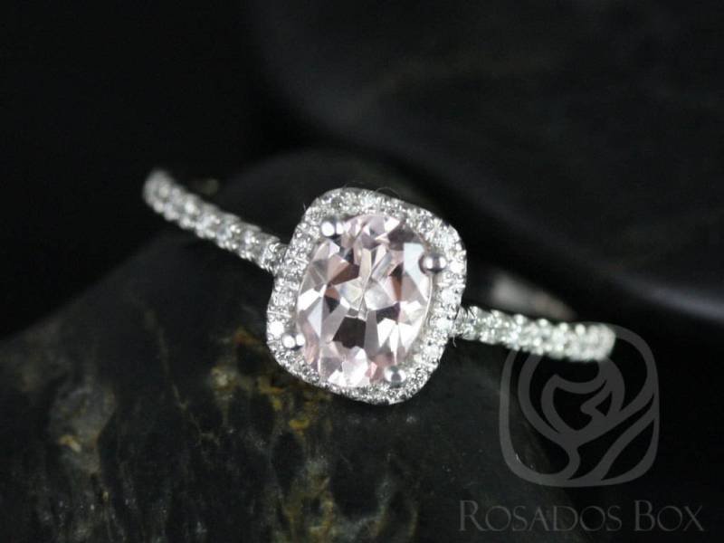 Rosados Box Versandfertig Romani 7 X 5 Mm Platin Oval Morganit Und Diamanten Kissen Halo Verlobungsring von RosadosBox