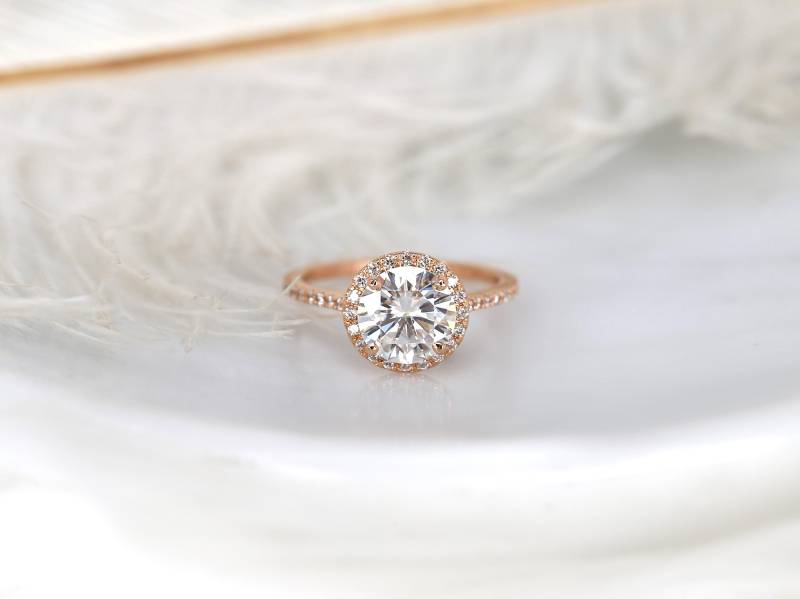Sale 2Ct Kubian 8 Mm 14Kt Rose Gold Fb Moissanite Diamant Halo Verlobungsring, Runde Ring, Hochzeit von RosadosBox