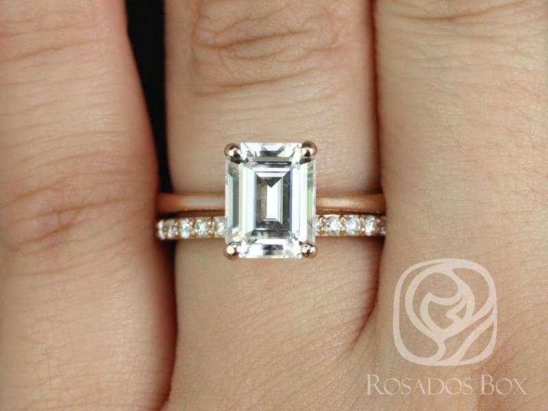 Skinny Norma 9 X 7 Mm & Taylor 14Kt Rose Gold Smaragd Moissanit Diamant Kathedrale Braut Set von RosadosBox