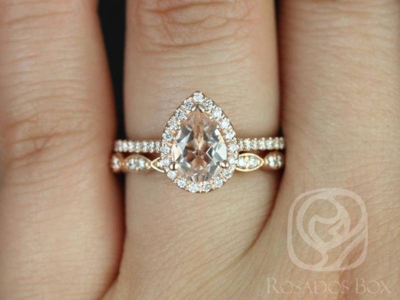 Tabitha 8 X 6 Mm & Christie 14Kt Rose Gold Morganit Diamanten Art Deco Scalloped Halo Braut Set, Einzigartige Trauringe, Ring von RosadosBox