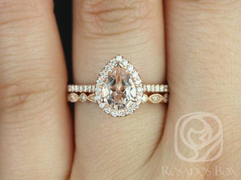 Tabitha 8 X 6 Mm & Gwen 14Kt Rose Gold Morganit Diamanten Zierliches Art Deco Pave Pear Halo Braut Set von RosadosBox